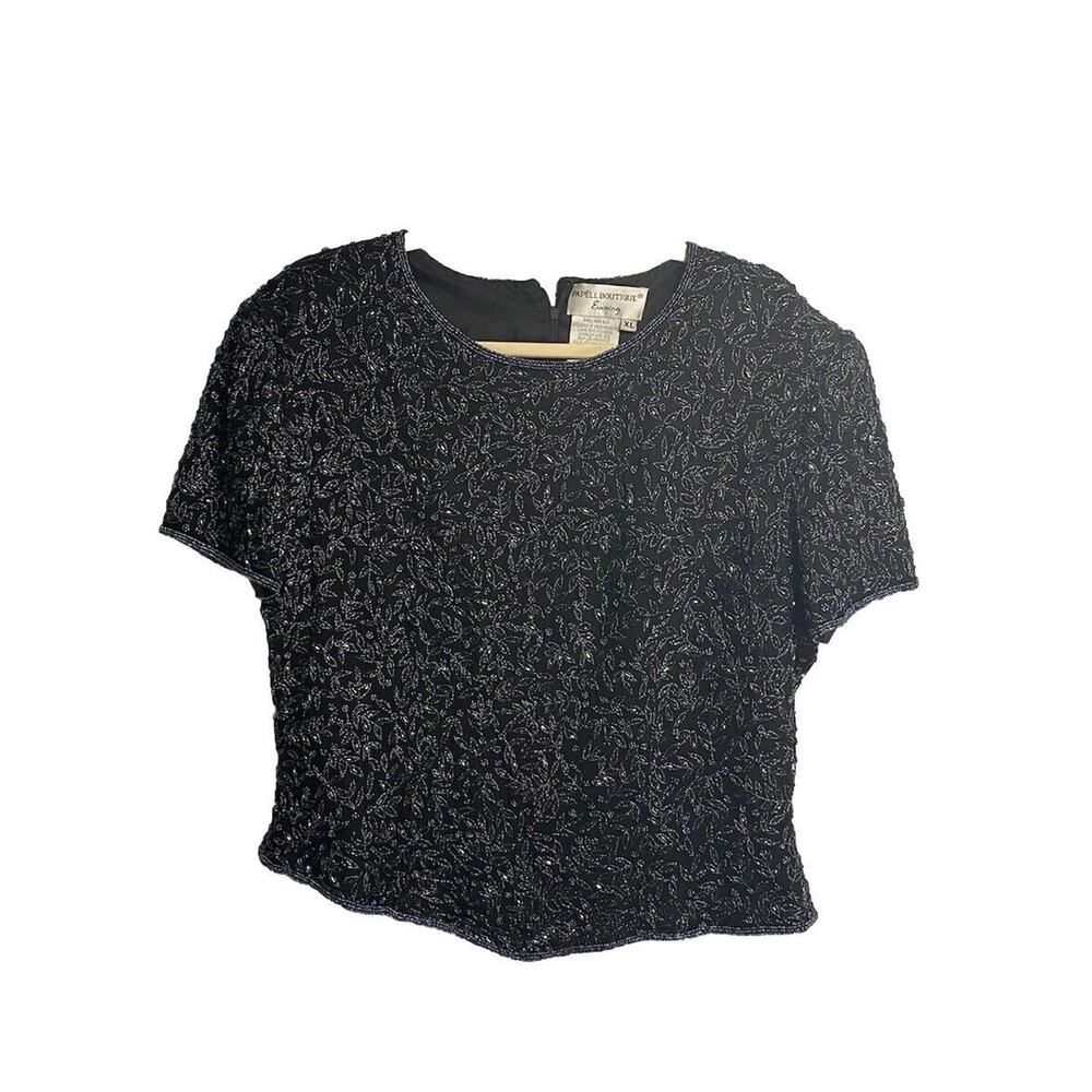 VINTAGE Papell Boutique Evening Top Women XL Black Silk Blouse Sequins Art